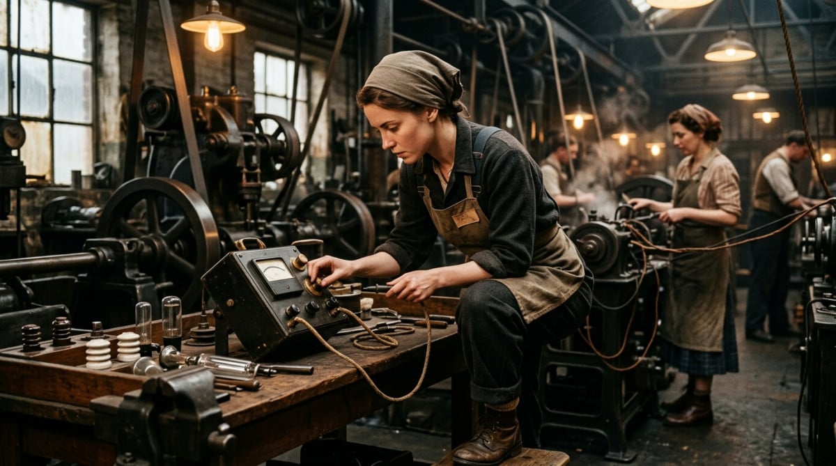 Ouvrier dans une usine londonienne des années 1930 inspectant une chaîne de production