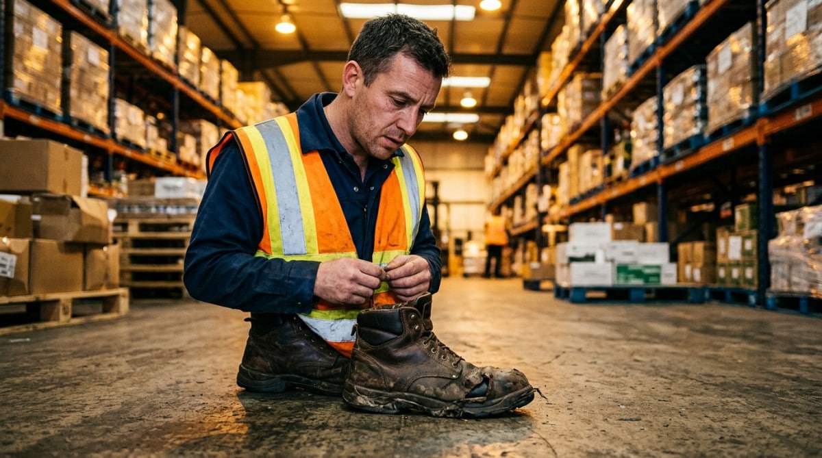 Ouvrier regardant ses chaussures de sécurité usées en entrepôt