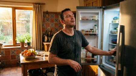 Personne devant un frigo ouvert dans une cuisine ensoleillée