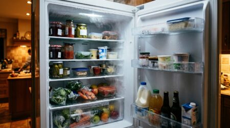 Givre et glace à l'intérieur d'un frigo porte ouverte