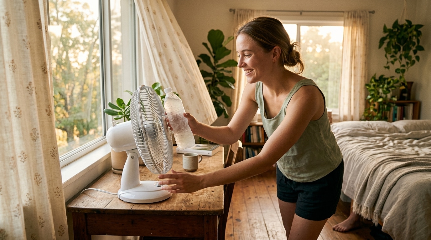Bouteille glacée devant un ventilateur pour rafraîchir une pièce