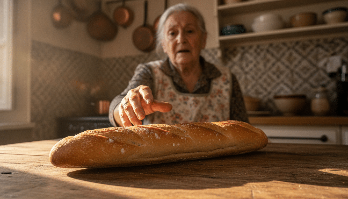 Baguette posée à l'envers sur une table en bois