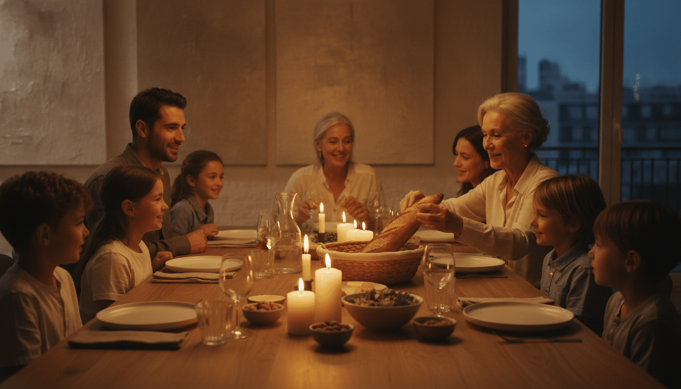 Famille française à table corrigeant la position du pain