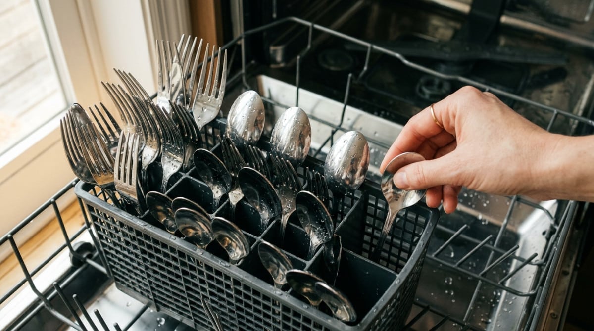 Panier à couverts de lave-vaisselle correctement chargé vu du dessus