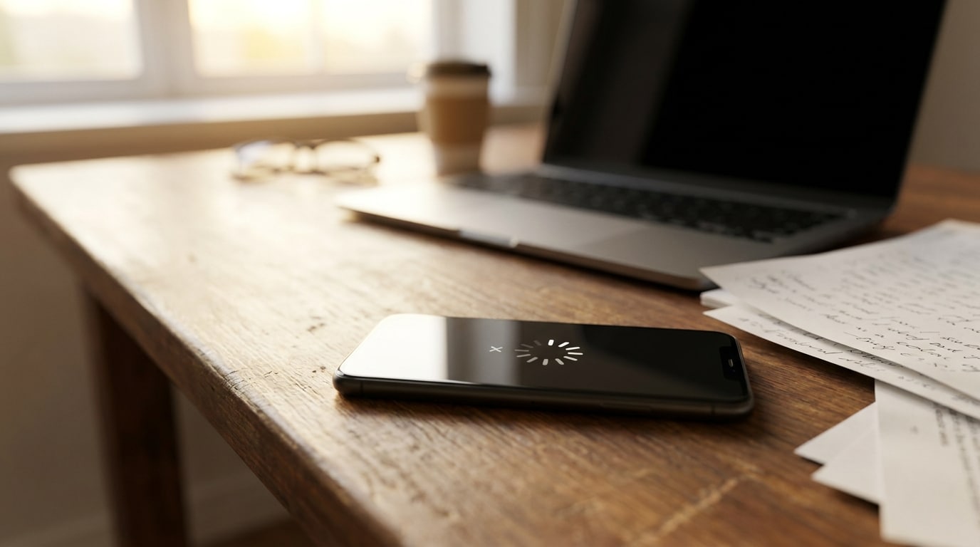 Smartphone sans connexion posé sur un bureau