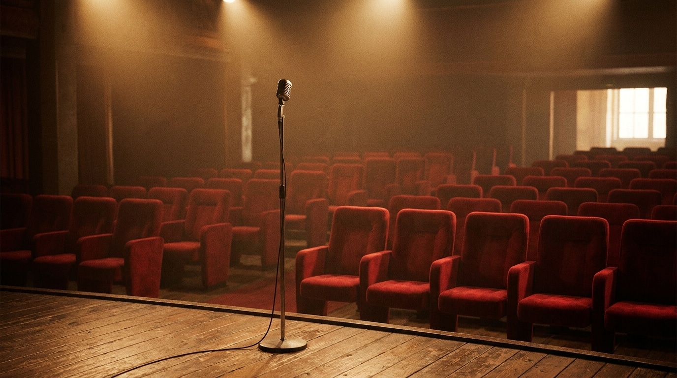 Salle de concert intime vide avec micro sur scène