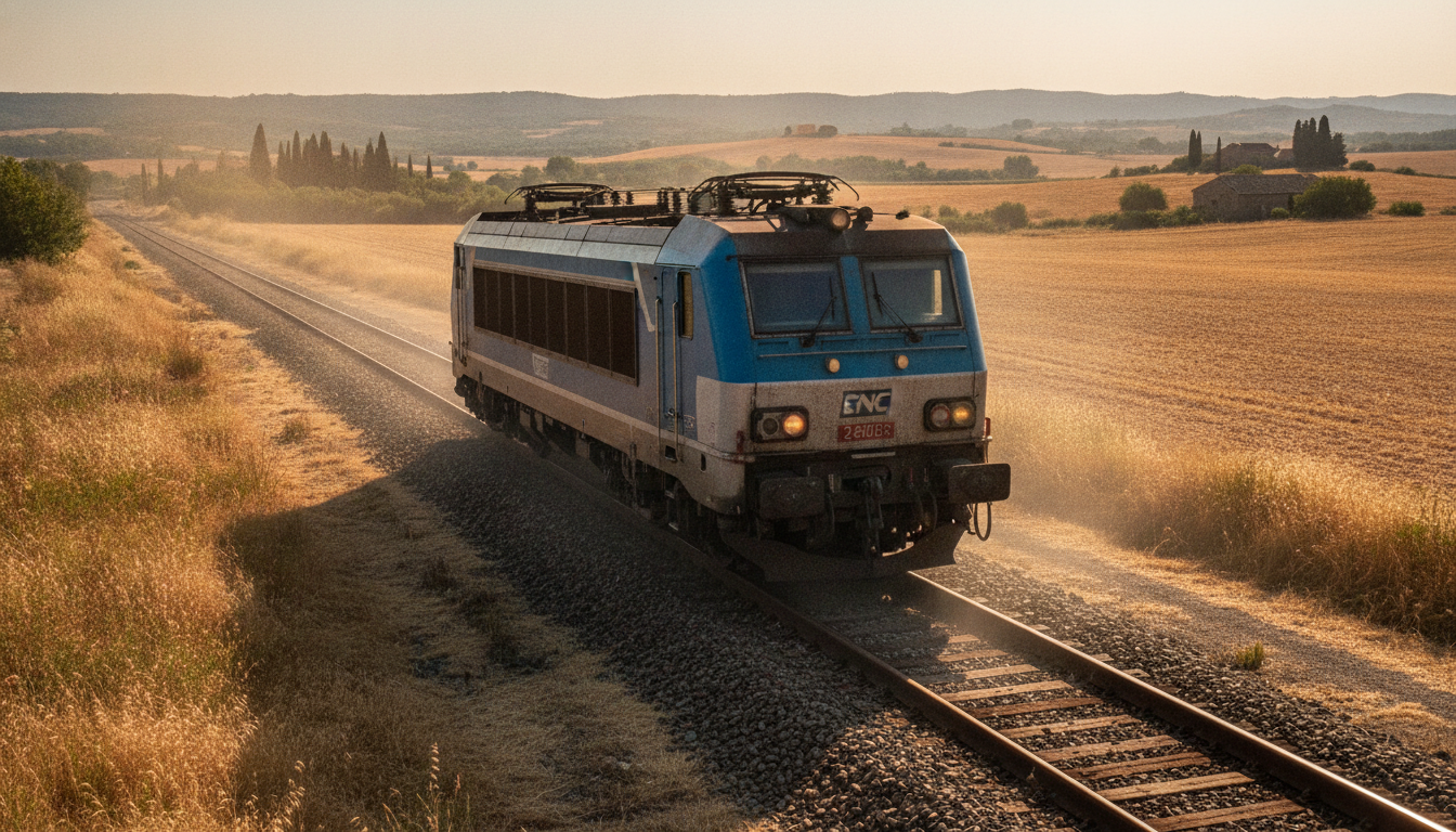 Locomotive Intercités arrêtée sur des rails en pleine chaleur