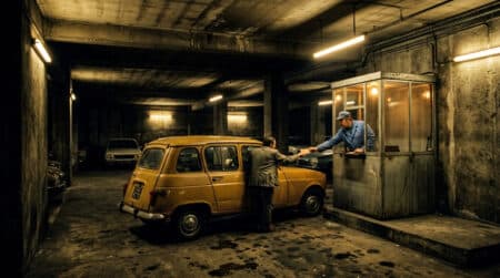 Parking souterrain français des années 70 avec gardien et ticket carton