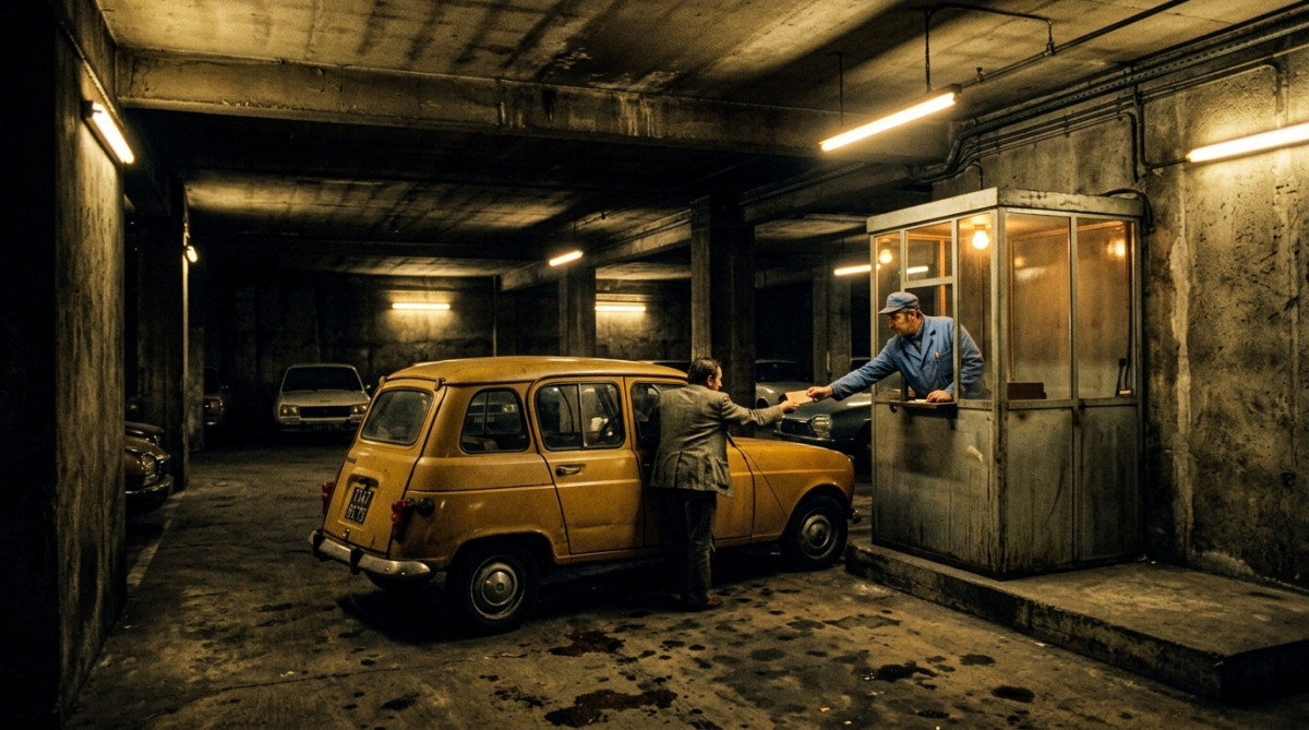 Parking souterrain français des années 70 avec gardien et ticket carton