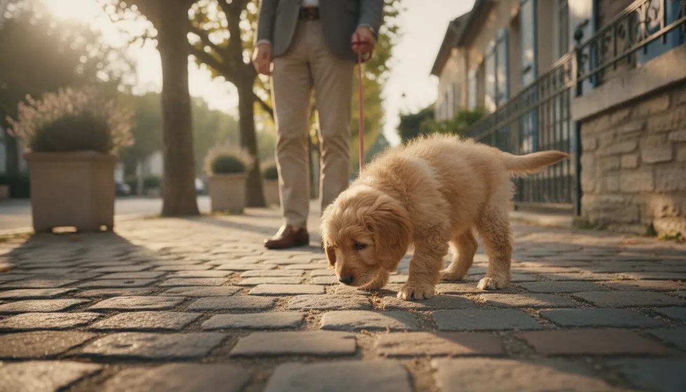 Chiot reniflant le trottoir pendant une promenade