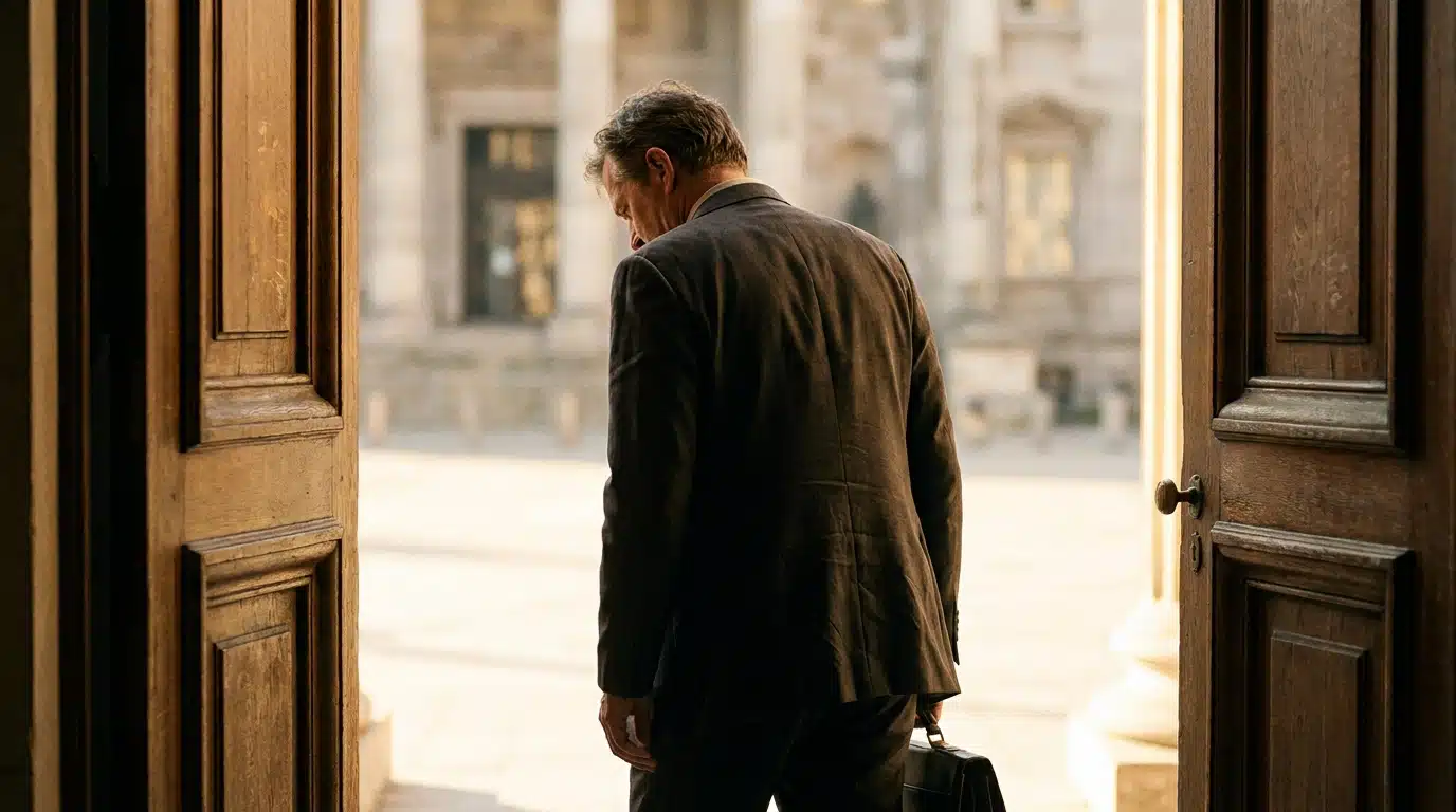 Homme en costume sortant d'un palais de justice