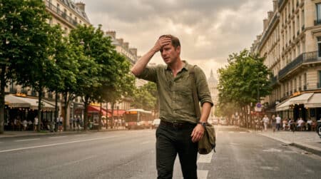 Passant essuyant la sueur dans une rue parisienne sous ciel couvert