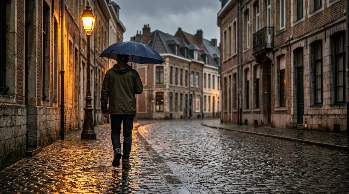 Passant sous la pluie dans une rue de Lille