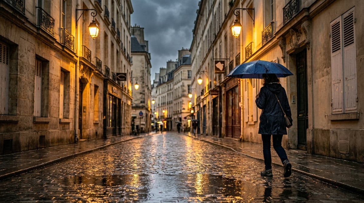 Passant sous la pluie dans une rue française en juin