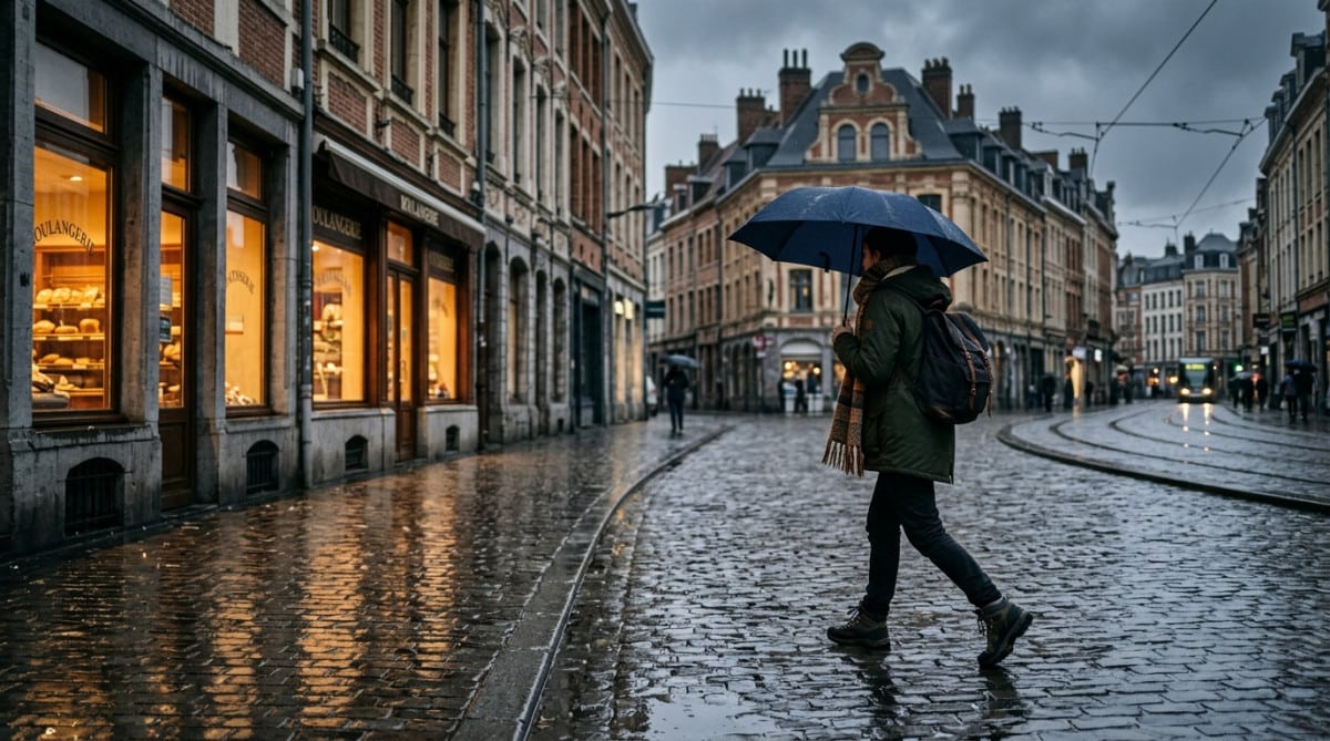 Passant sous la pluie dans une ville du nord de la France