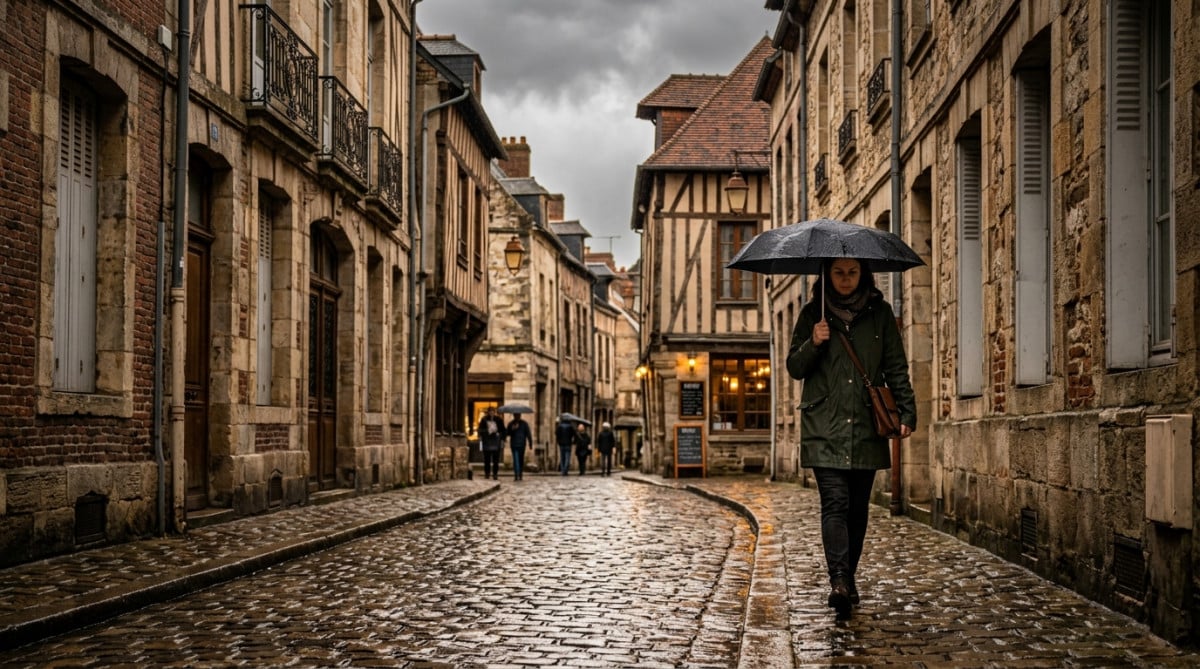 Passant sous la pluie dans une ville du Nord en juin