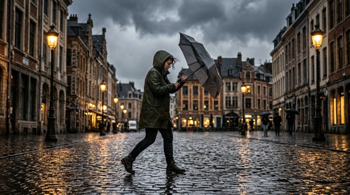 Passant sous la pluie et le vent dans une ville du Nord