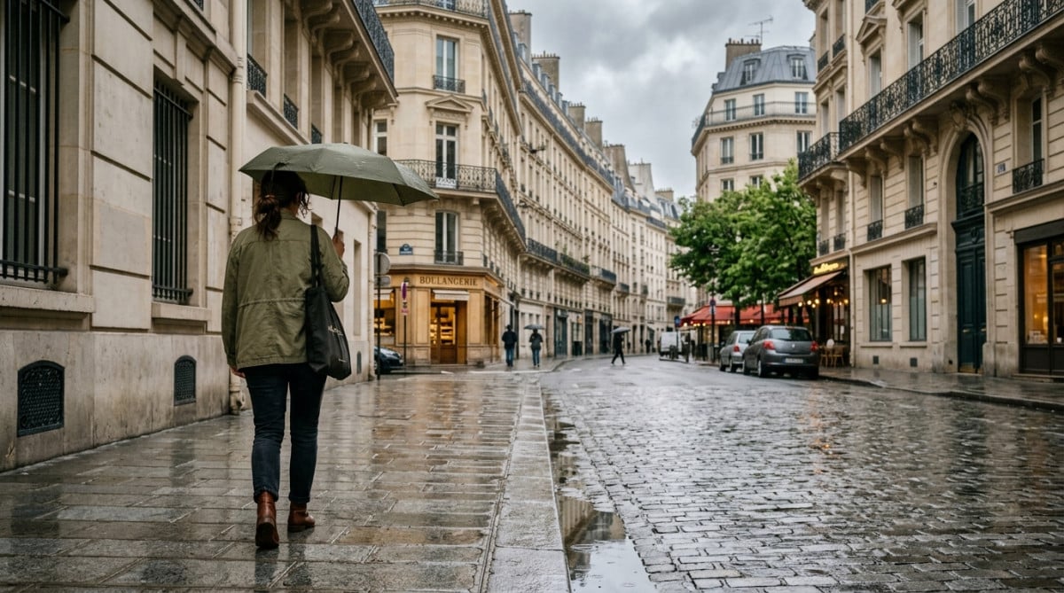 Passant sous la pluie fine dans une rue parisienne en juin
