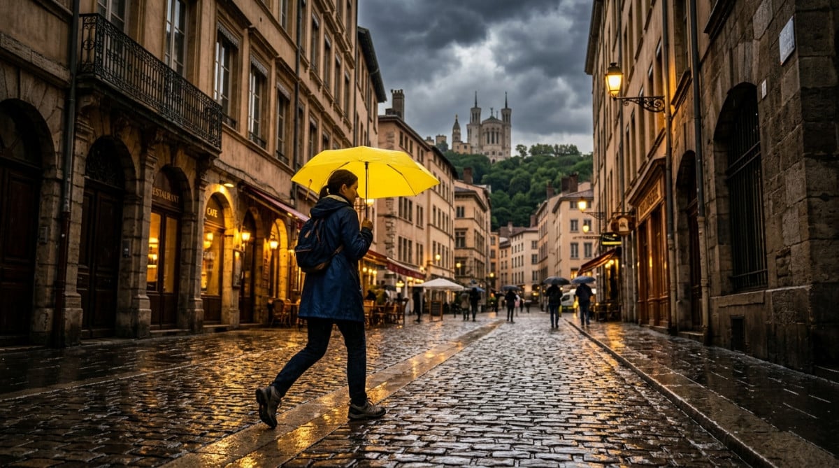 Passant sous la pluie orageuse à Lyon avec parapluie