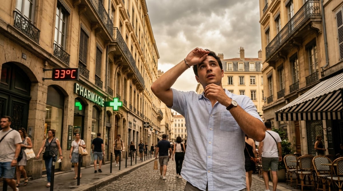 Passant sous un ciel couvert malgré la chaleur à Lyon