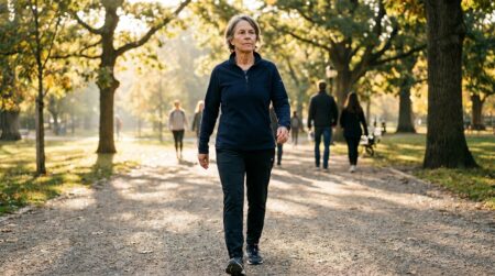 Femme marchant d'un pas vif dans un parc ensoleillé