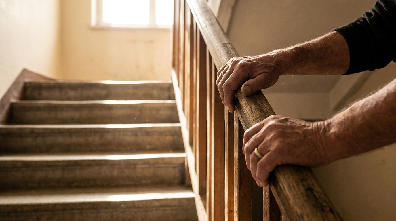 Mains agrippant la rampe d'un escalier en montant