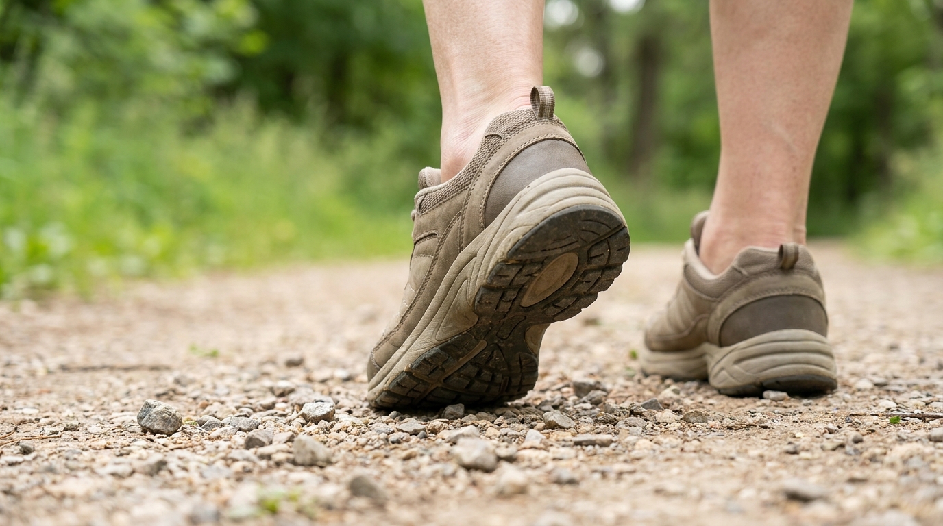 Gros plan sur des baskets de marche sur un chemin de parc