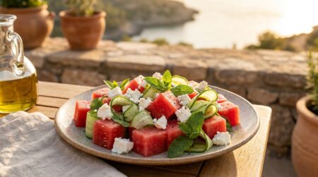 Salade de pastèque feta concombre et menthe sur assiette