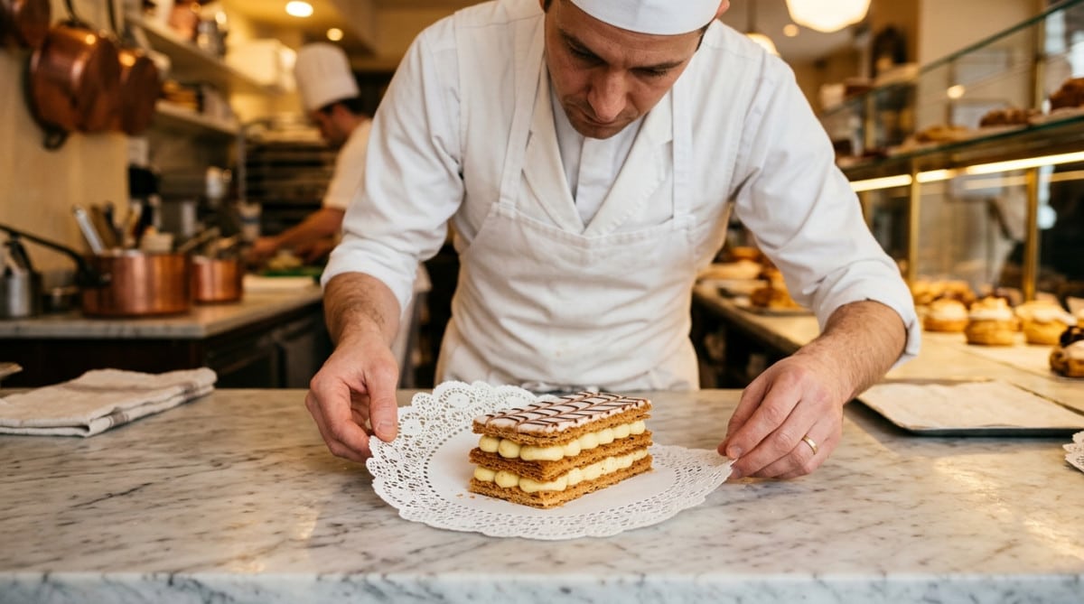 Pâtissier français posant un napperon en papier sous un mille-feuille
