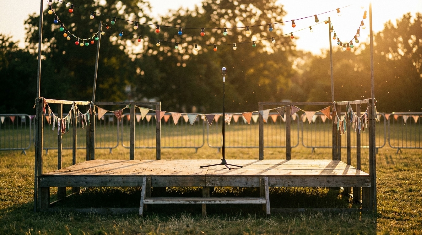 Scène de festival en plein air avec micro et guirlandes lumineuses