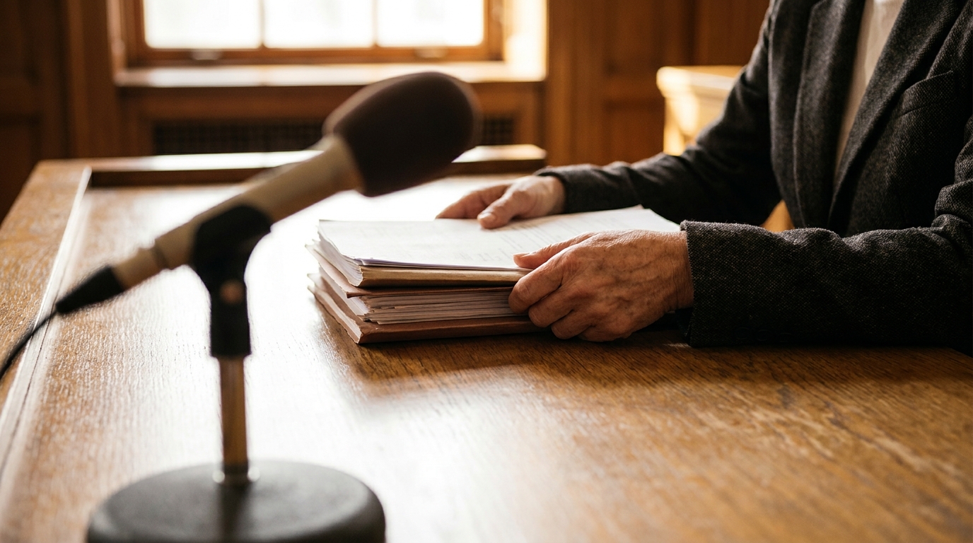 Mains d'avocate tenant des documents sur une table de tribunal