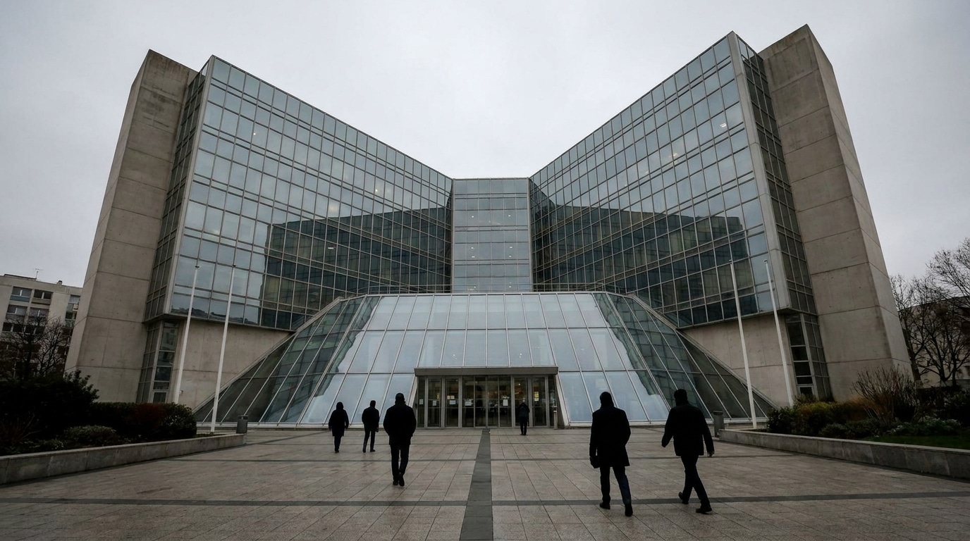 Façade du tribunal de Nanterre sous un ciel couvert