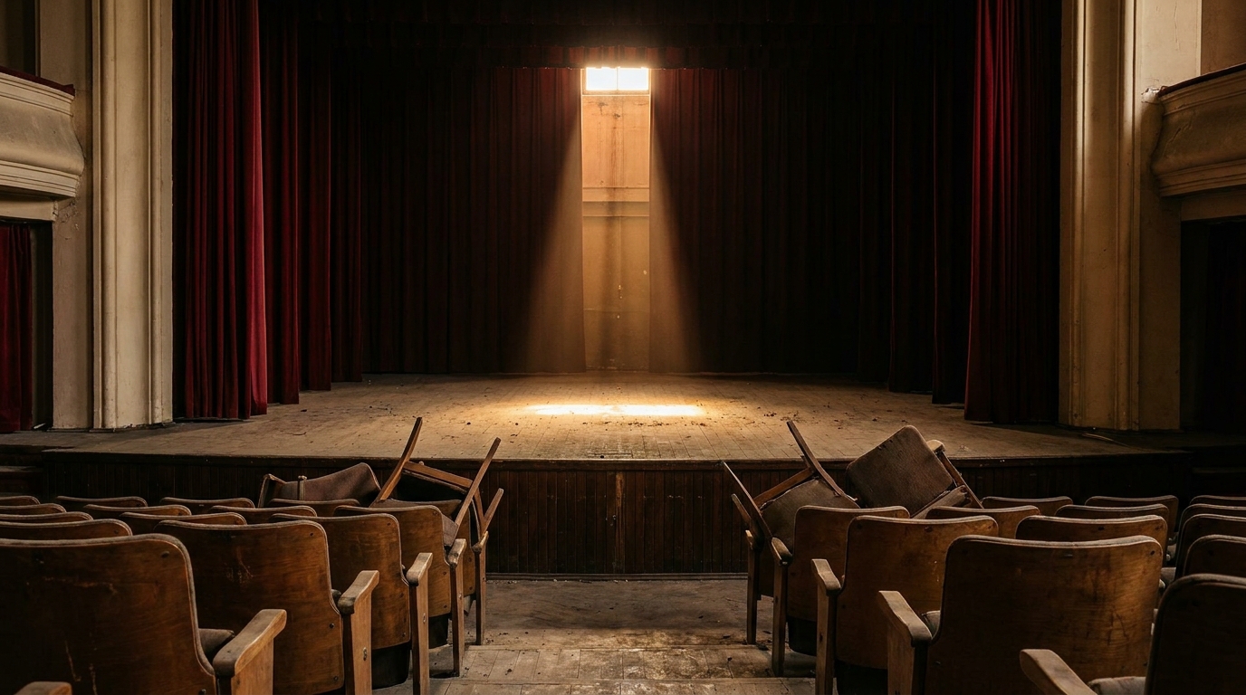Scène de théâtre vide avec rideau rouge et projecteur