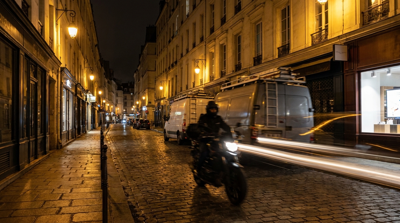 Course-poursuite en moto dans les rues de Paris la nuit