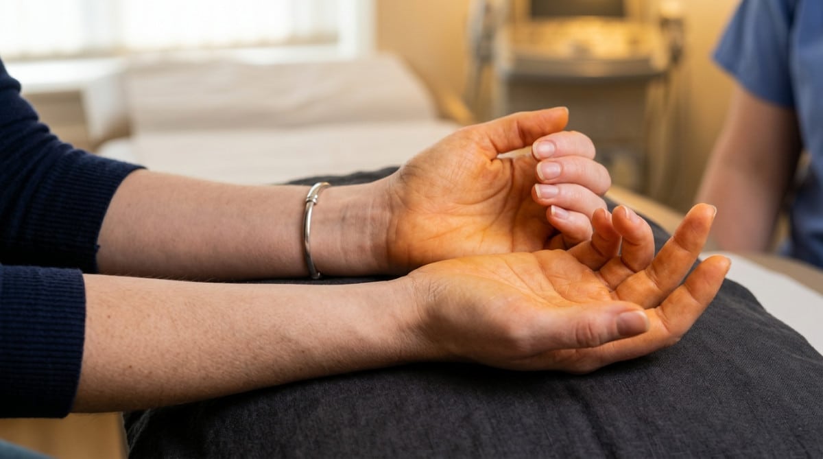 Paumes de mains teintées en orange par le bêta-carotène