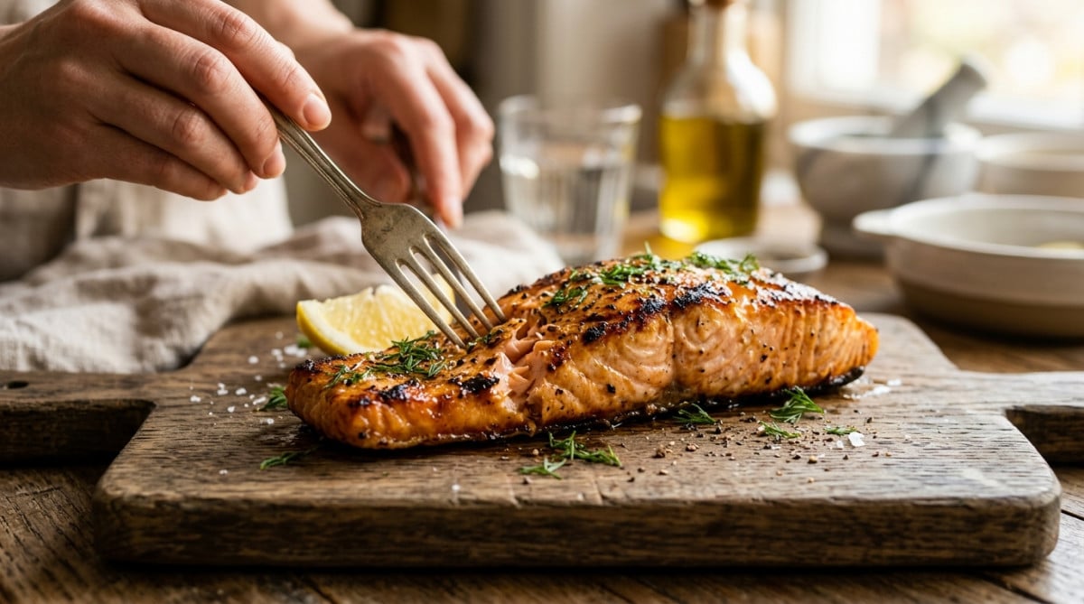 Pavé de saumon grillé sur une planche en bois
