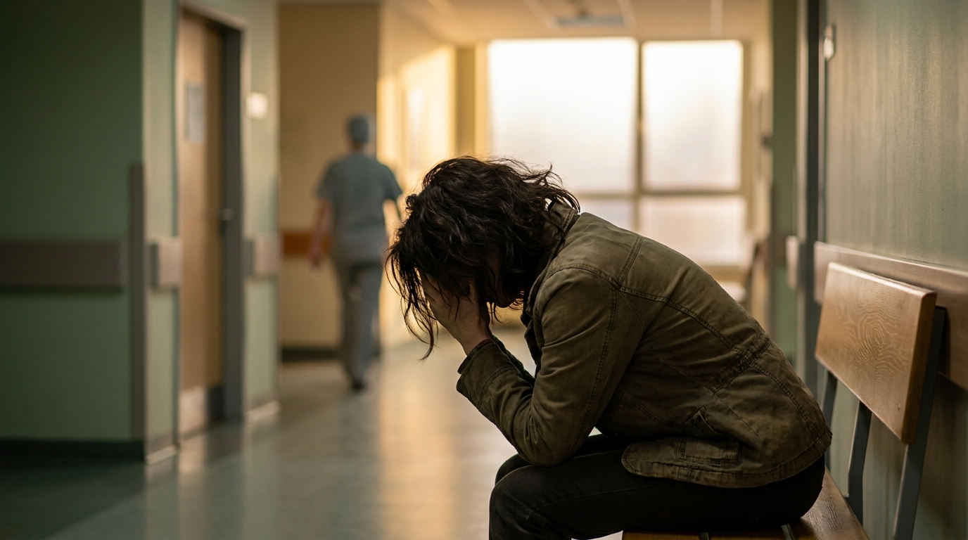 Femme assise de dos dans un couloir d'hôpital