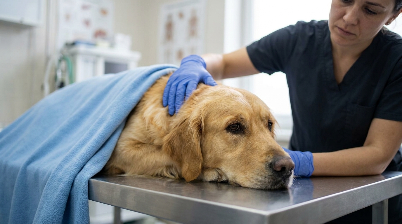 Golden retriever allongé sur une table vétérinaire