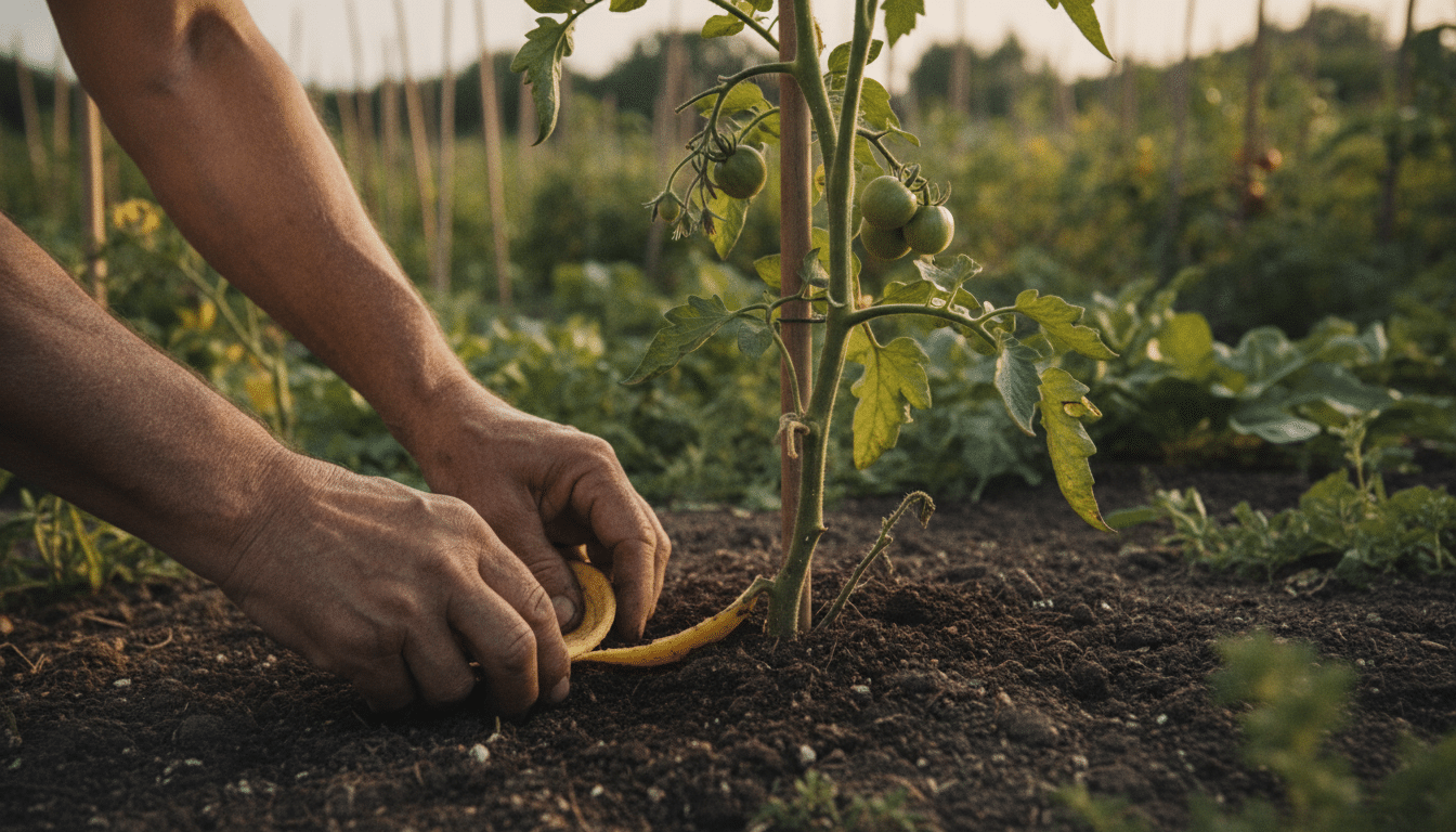 Mains de jardinier enterrant une peau de banane au pied d'un plant de tomate