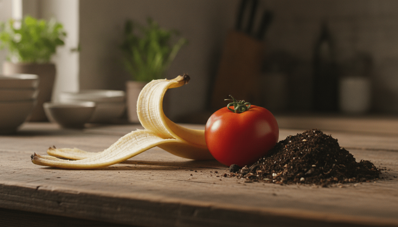 Peau de banane posée sur une table à côté d'une tomate et de compost