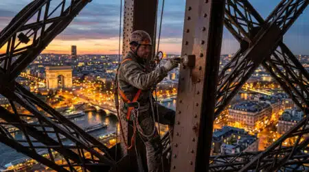 Peintre suspendu sur la tour Eiffel au coucher du soleil