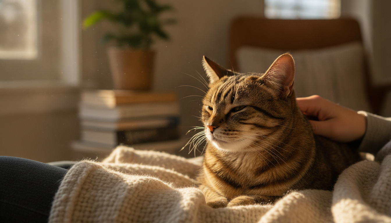 Chat tigré ronronnant sur les genoux de son propriétaire