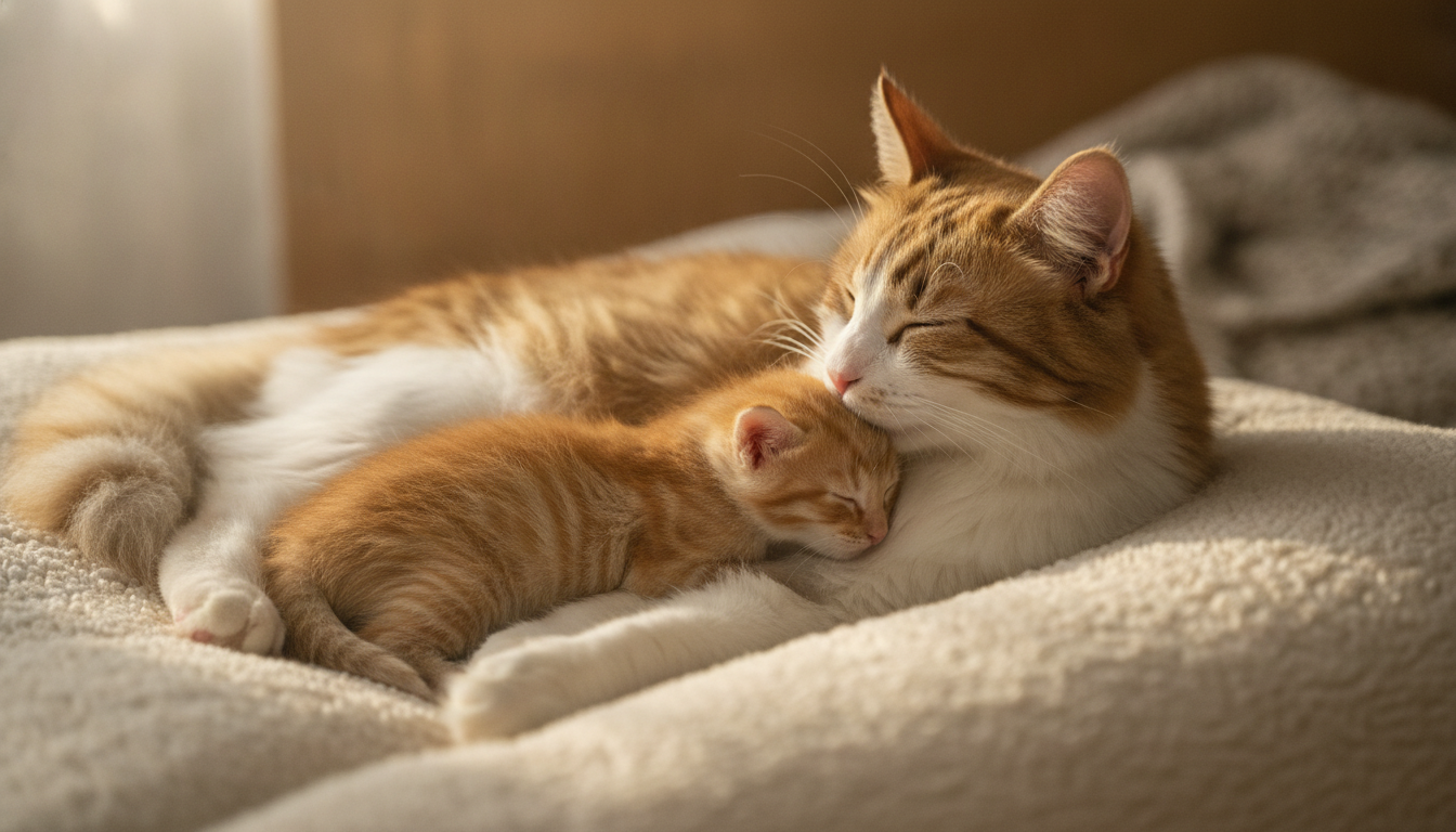 Chaton tétant sa mère sur un coussin douillet