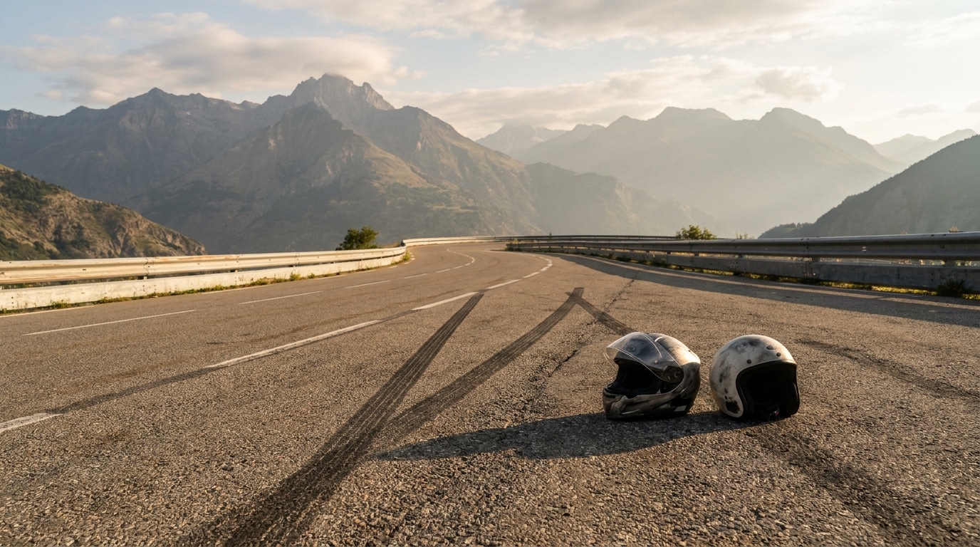 Casques de moto posés sur une route départementale alpine déserte