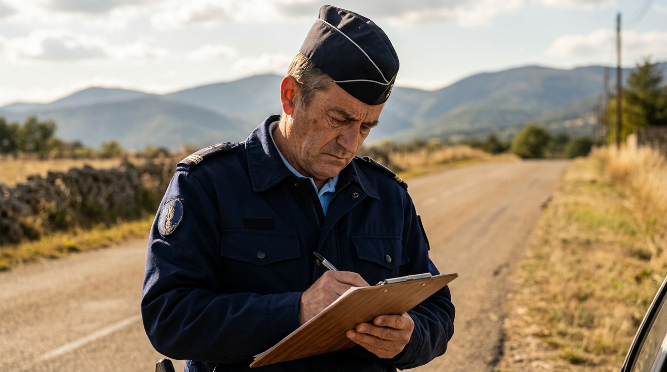 Gendarme prenant des notes au bord d'une route de montagne