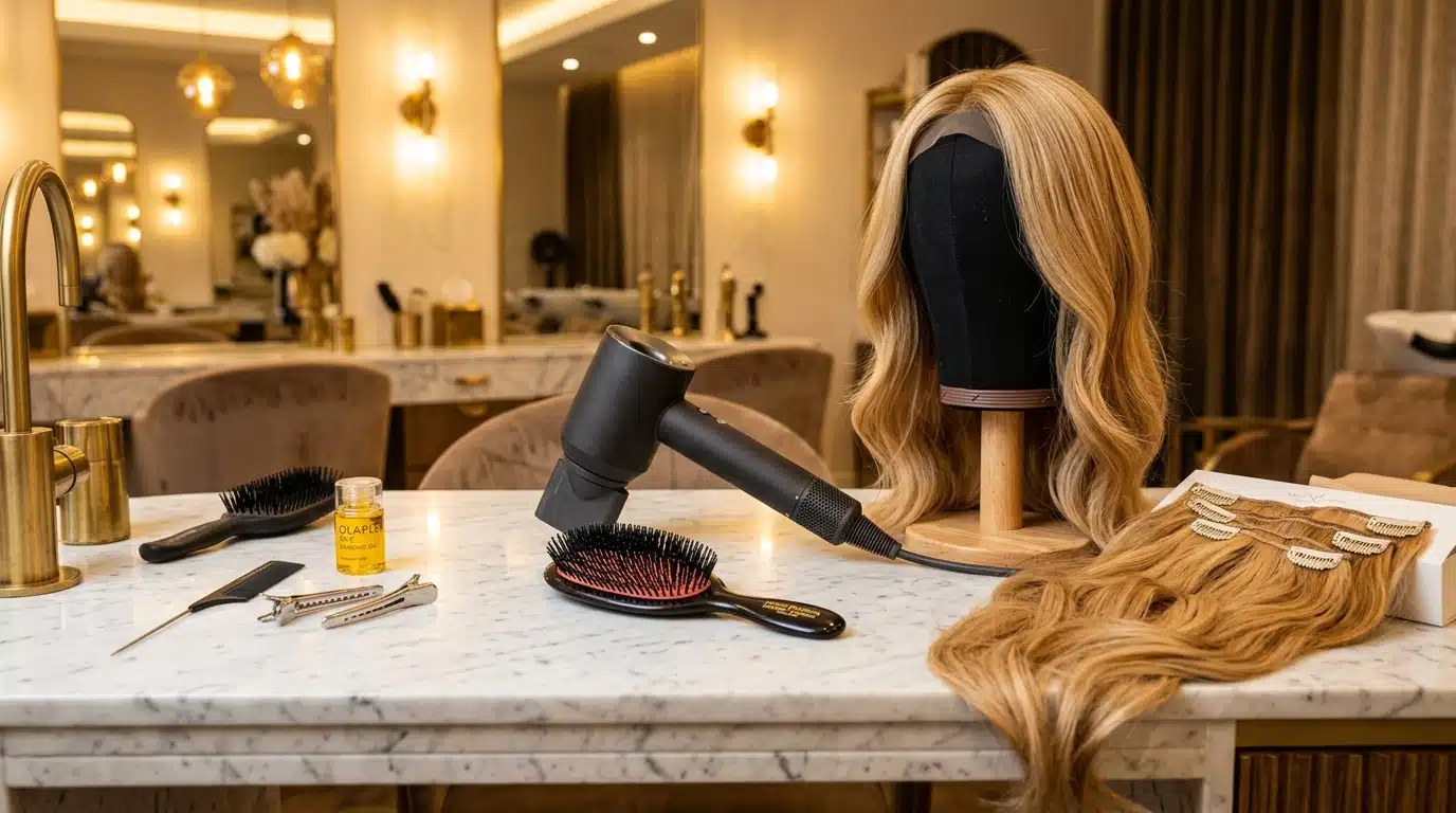 Outils de coiffure professionnels et extensions capillaires dans un salon de luxe