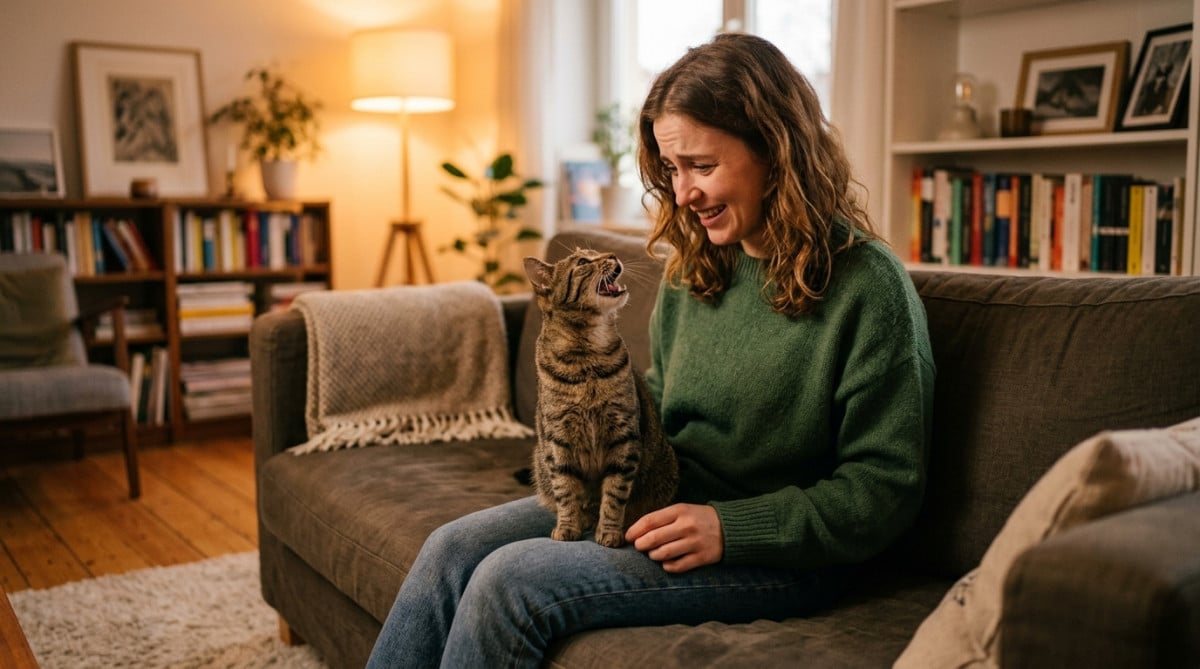 Personne amusée regardant son chat miauler sans bruit