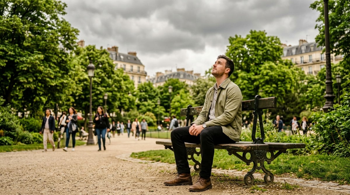 Personne assise sur un banc sous un ciel couvert