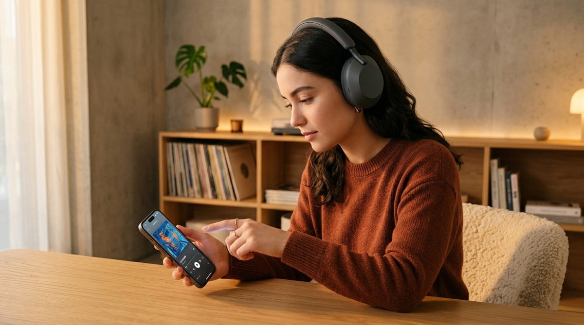 Personne avec écouteurs hésitant à zapper une chanson sur smartphone