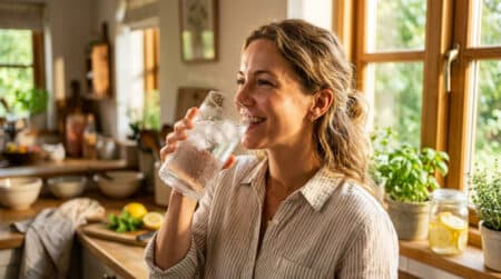 Personne buvant un verre d'eau glacée en été
